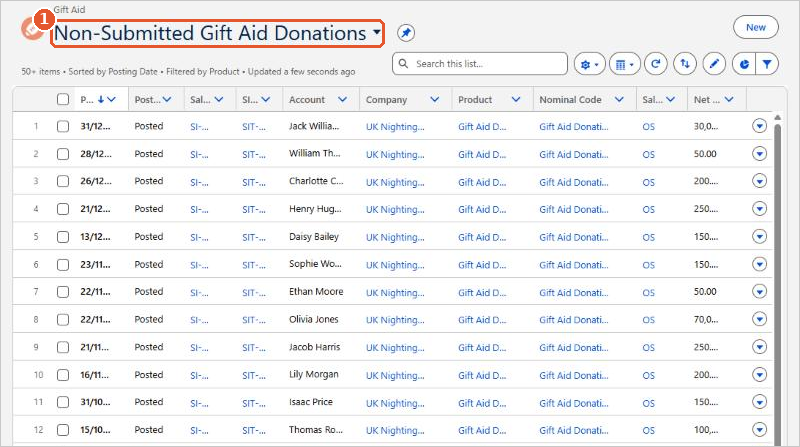 The Gift Aid tab showing the Non-Submitted Gift Aid Donations list view