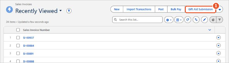 The Gift Aid Submission button on the Sales Invoices tab