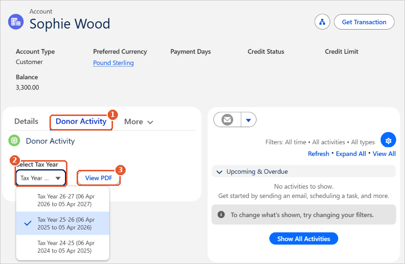 The Donor Activity tab on a donor account with the tax year list and View PDF button