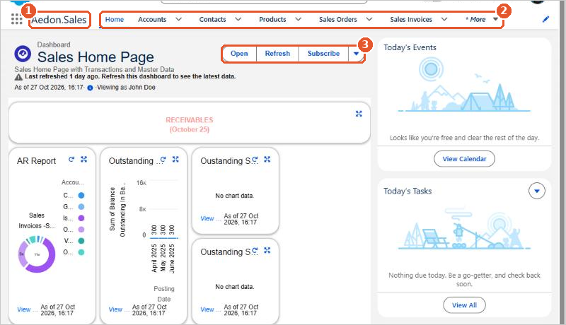 The Aedon.Sales app with its name, tabs and home page dashboard