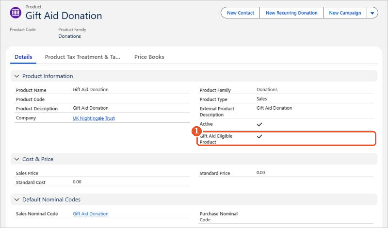 The Gift Aid Donation product with Gift Aid Eligible Product ticked