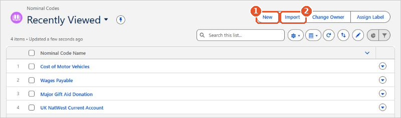 The Nominal Codes tab with the New and Import buttons
