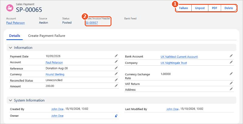 A posted Sales Payment showing its buttons and the invoice it pays