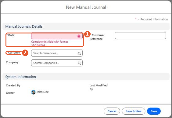 A required field message on a new Manual Journal